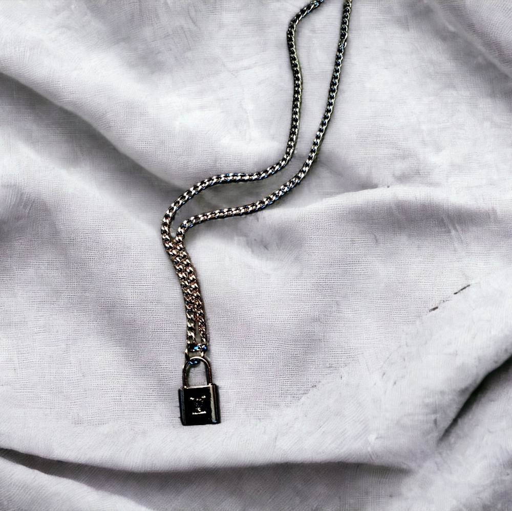 Petit lock pendant with Stainless steel curb link necklace
